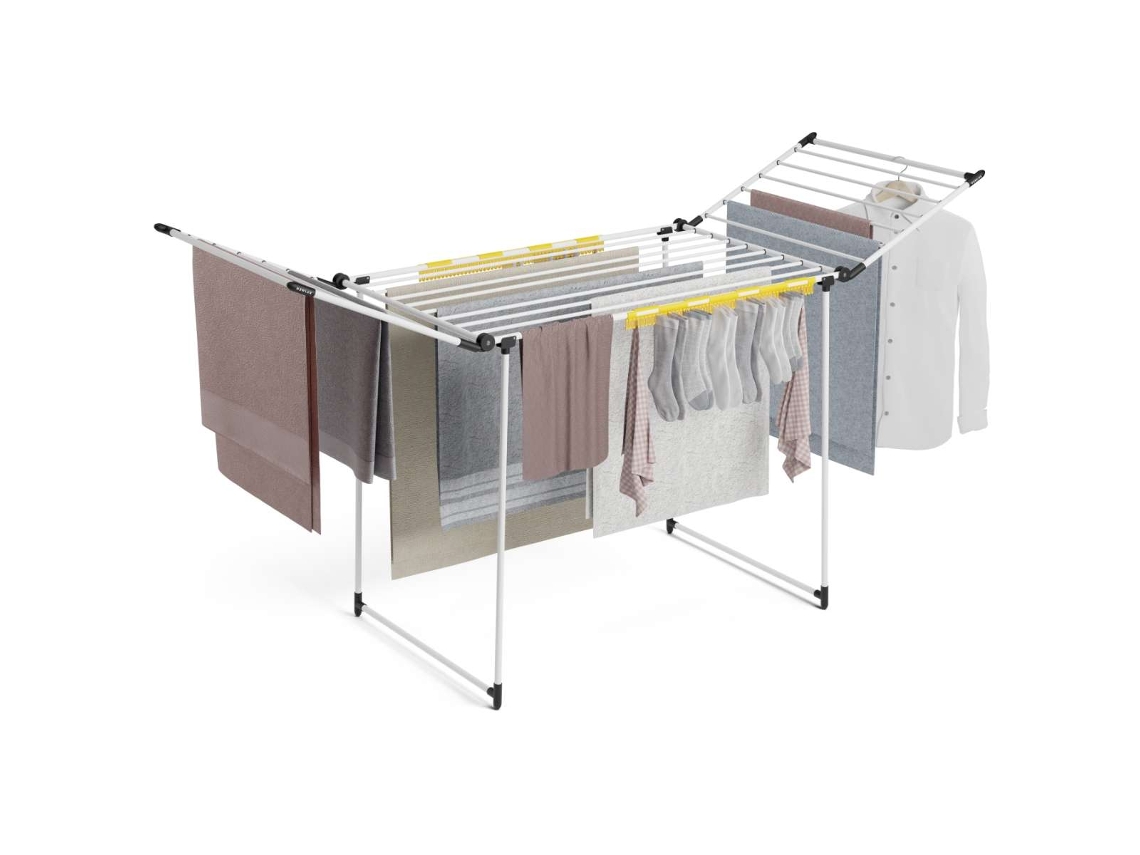 Varal dobrável Newlux Bold V22 branco com abas, 180x55x112 cm, tempo de secagem de 26 minutos, capacidade de carga de 25 kg.