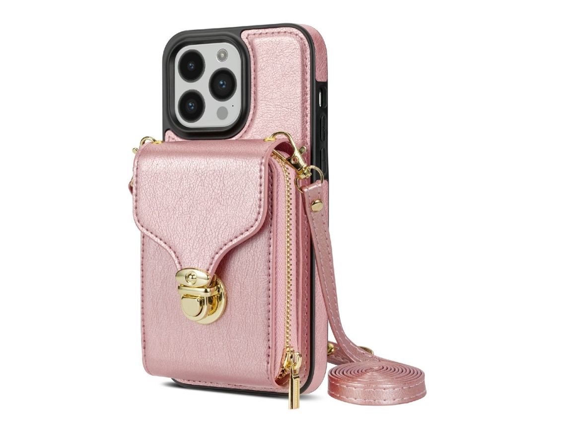 Suporte Casa Ouro Para Iphone 14 Pro Max Pele Sintética Com Porta-cartões Rosa