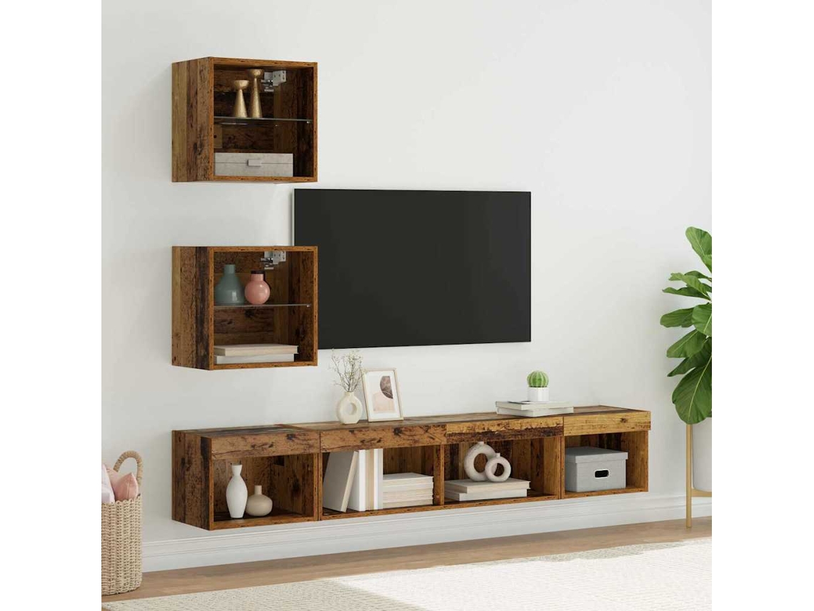 Vidaxl Unidades De Tv De Parede Com Led 5 Unid. Madeira Antiga