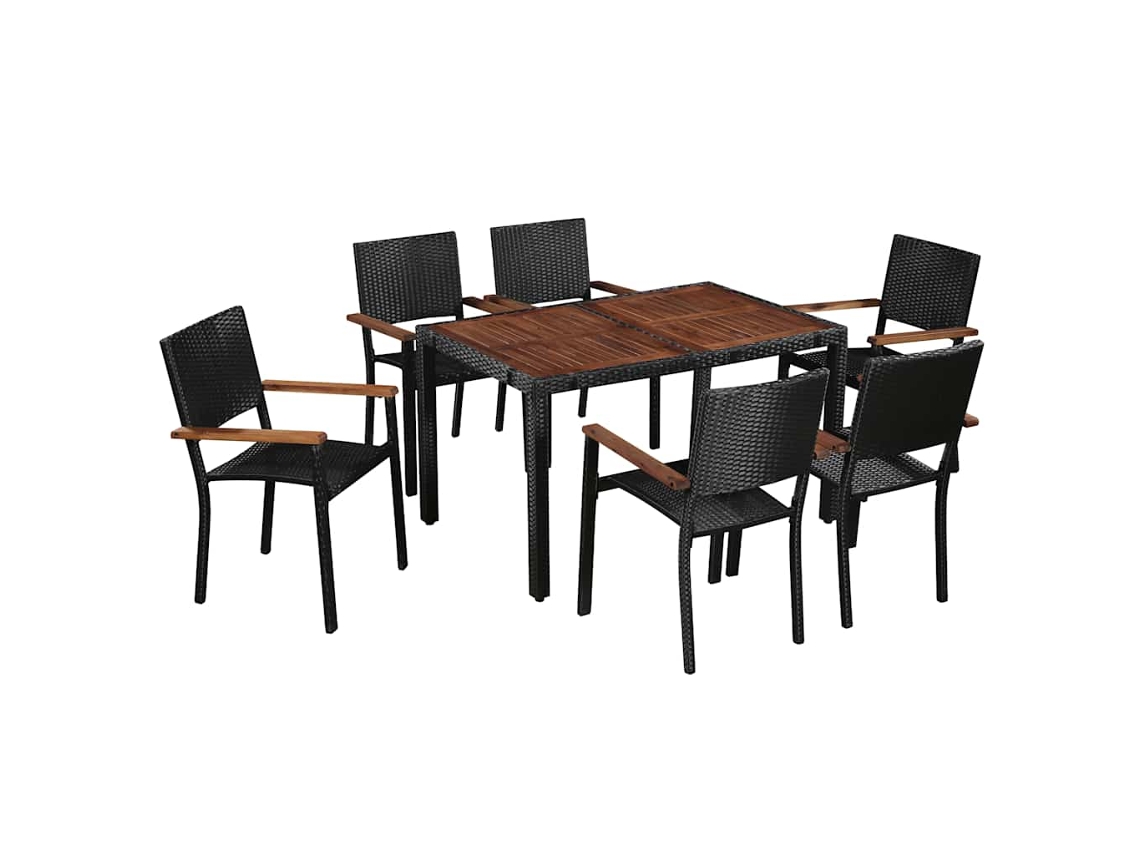 Vidaxl 7 Pcs Conjunto Jantar Exterior Vime Pe E Madeira Acácia Preto