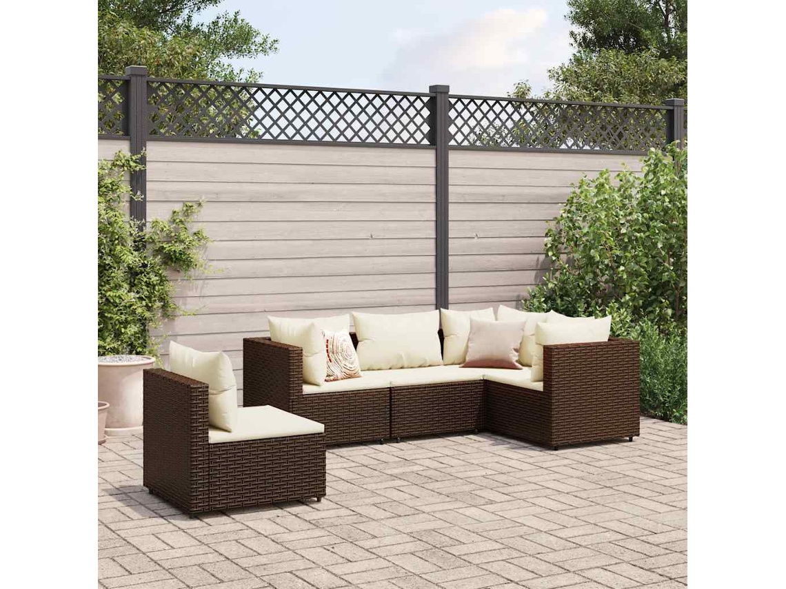 Vidaxl 5 Pcs Conjunto Lounge Jardim C/ Almofadões Vime Pe Castanho