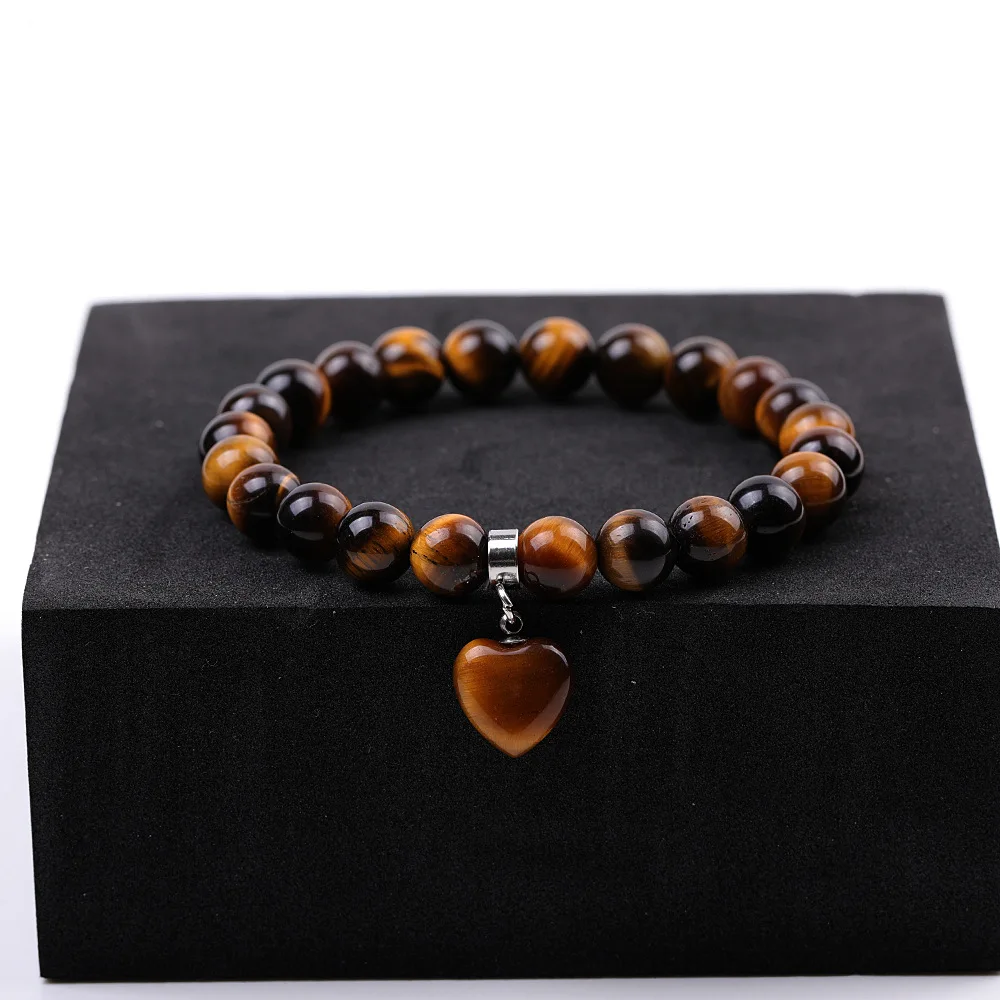 Pulseira Feminina com Pingente de Coração em Quartzo Rosa , Pedra Preciosa Natural. MDUG (olho de Tigre)