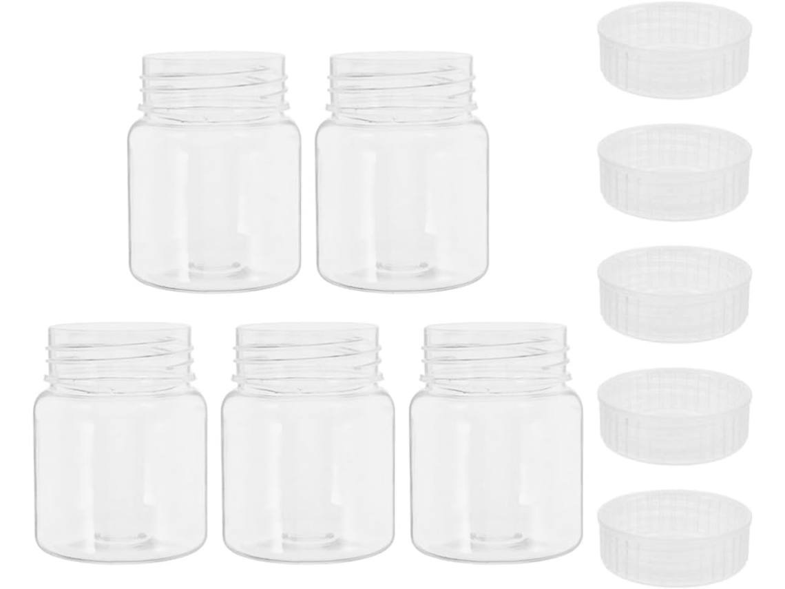Conjunto De 5 Frascos De Laboratório De Boca Larga De 270 Ml Em Plástico Transparente.