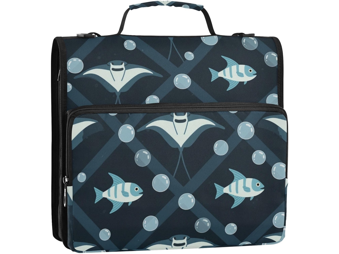 Pasta de 3 Argolas com Alça, Vários Bolsos, Material Escolar Infantil, Arraia Manta, Peixe Preto e Azul, Organ