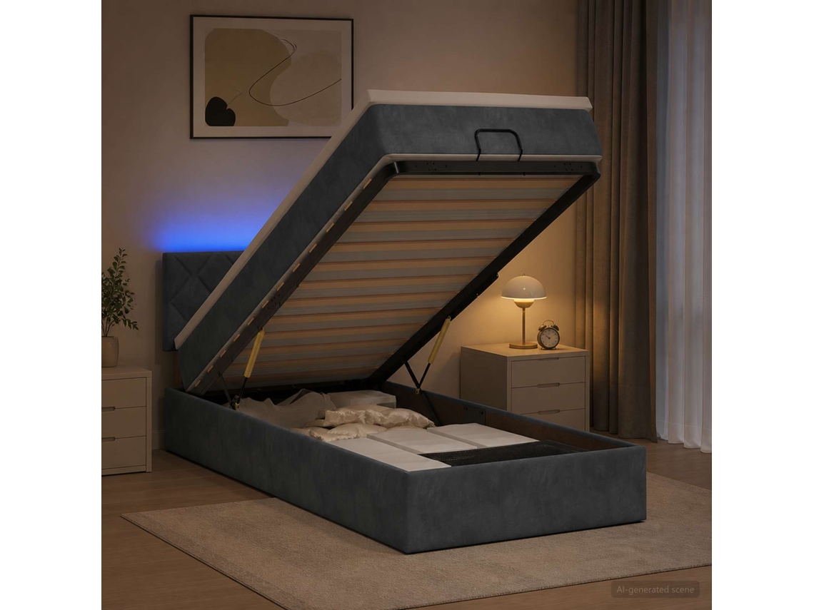 Vidaxl Cama Ottoman Com Colchão E Led Cinzento-escuro 90 X 190 Cm