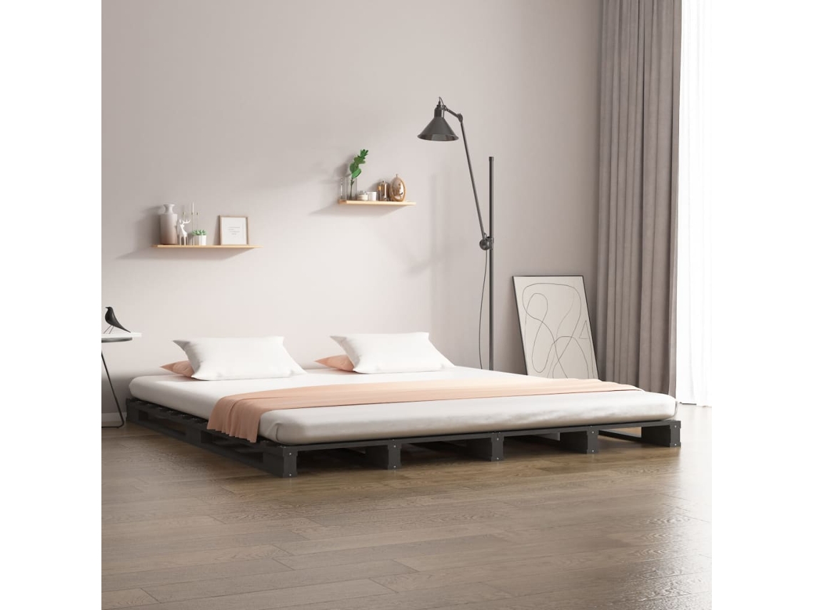 Cama De Paletes 140x190 Cm Madeira De Pinho Maciça Cinza