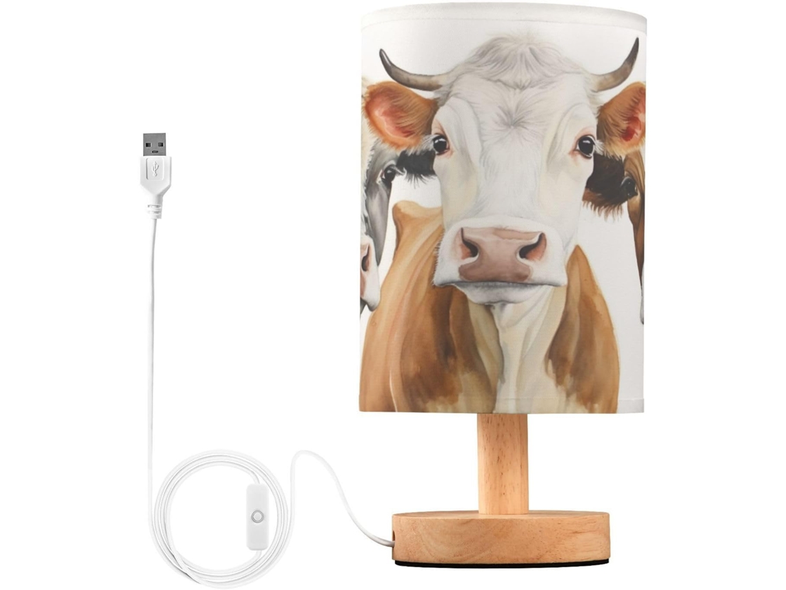Luminária De Cabeceira Skyshu Em Formato Vaca Fofa Pequena Mesa Led Usb Com Base Madeira Antiderrapante E Cúpula Que Não