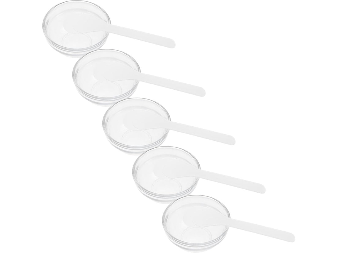 Conjunto de 5 Tigelas de Vidro Grosso e Transparente com Espátula, para Preparo de Alimentos.