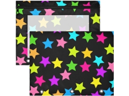 Conjunto de 2 Estojos para Lápis com Janela Transparente Fichários 3 Argolas e Estrelas Coloridas, Preto Neon.