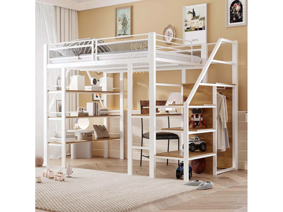 Cama De Ferro Branca 140x200cm Com Estante Mesa Armário E Escada Segura