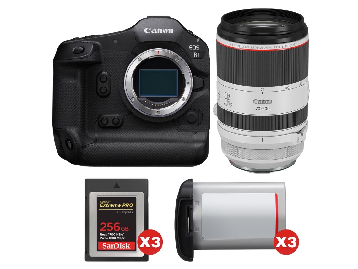 Eos R1 + Rf 70 200mm F/2.8 L Is Usm + 3 Sandisk 256gb Extreme Pro Cfexpress Type B + 3 Canon Lp e19 + Ebook Pricedirect CANON