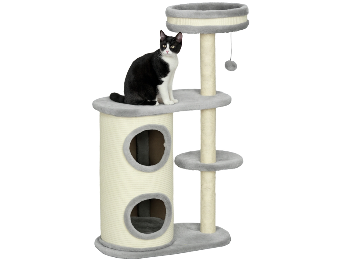 59x35x100 Cm Bola Cinza Arranhador De Gato Pino Corda Sisal Macio Pelúcia Multinível Brinquedo