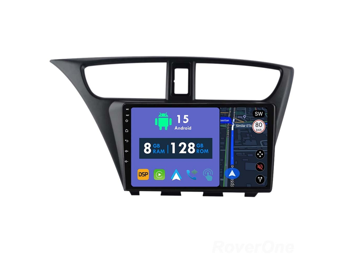 Auto Rádio Carro Bluetooth Autoradio 8GB RAM 128G ROM CarPlay Navegação GPS Ecrã Táctil RoverOne para Honda Civic Hatchback 2006-2012  