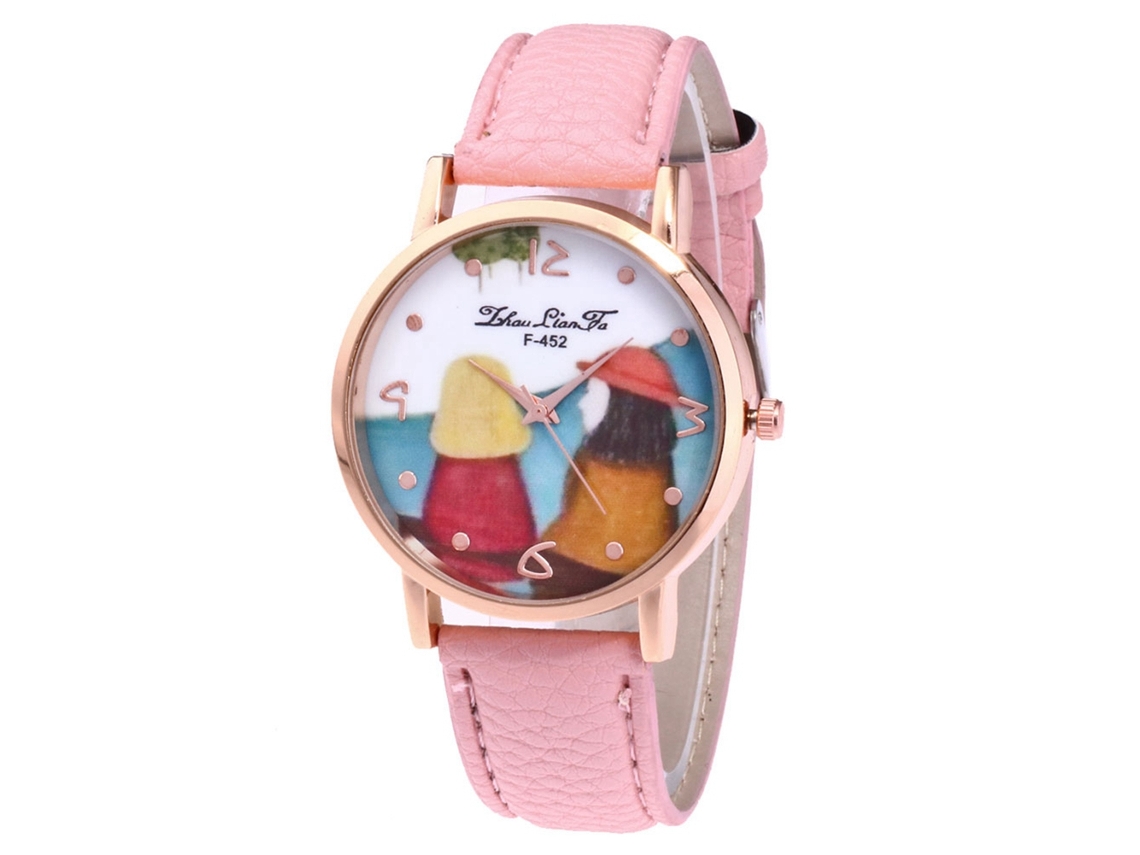 Reloj De Cuarzo Para Pareja Con Correa De Cuero Pu Y Dial De Patrón Cartoon Zhoulianfa (rosa)