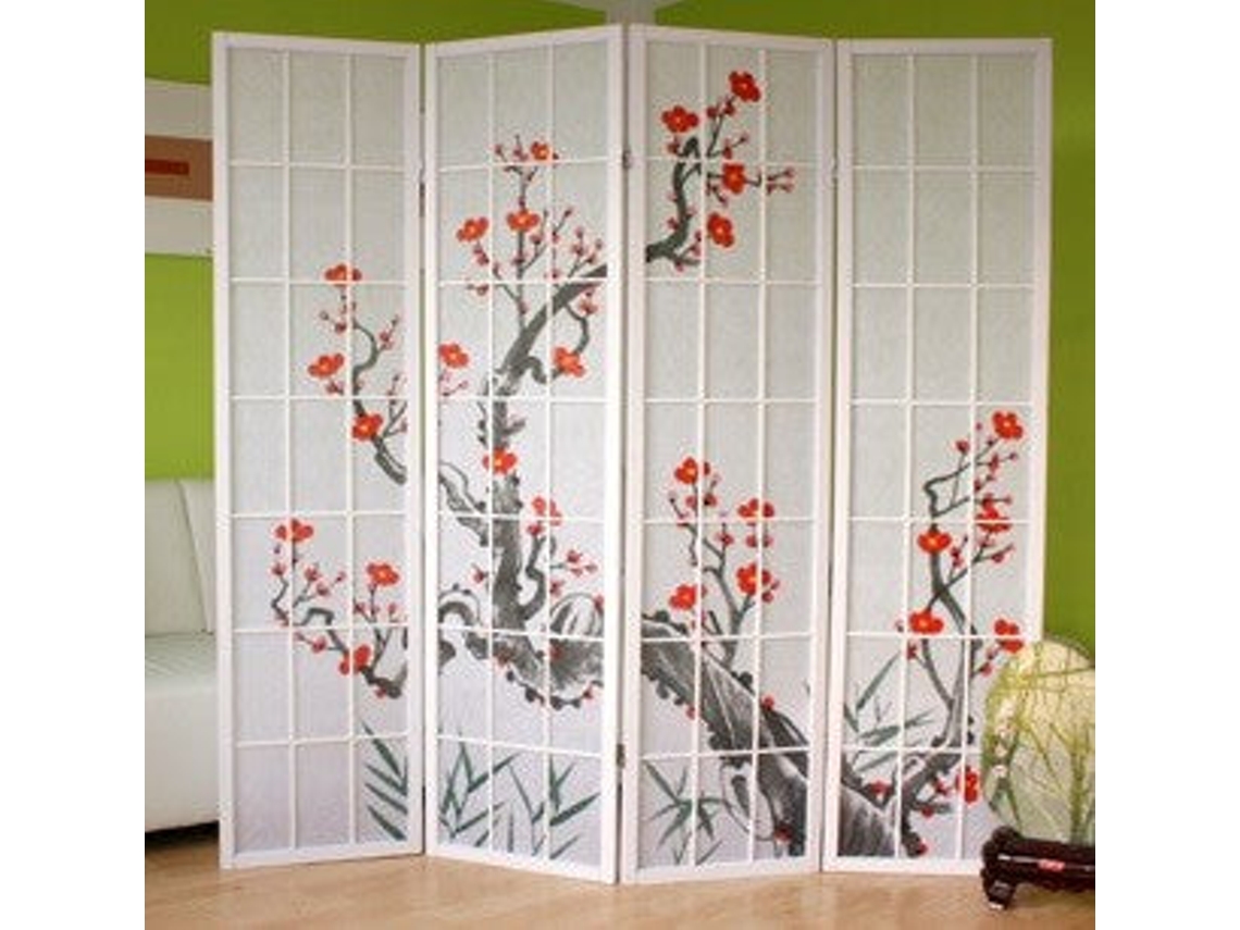 Biombo japonês dobrável de madeira com 4 painéis na cor branca, 176x175 cm Par06017