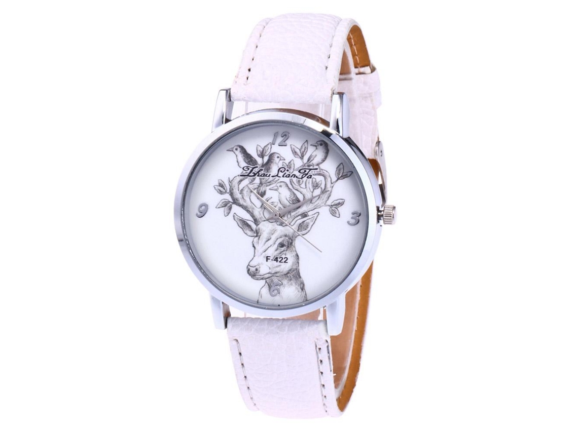 Reloj De Cuarzo Con Correa De Cuero Hombre Diseño Ciervo Y Pájaro Pequeño (blanco)