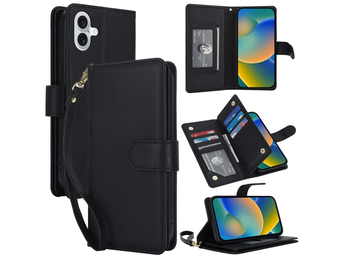 Capa Carteira De Couro Para Iphone 16 - Com Rfid - Para Vários Cartões