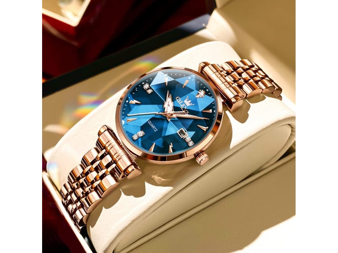 Lurelia Relógio Feminino, Movimento De Quartzo, Luminoso, Detalhes Com Strass, Aço Inoxidável, Pele, Rosa Ouro, Verde