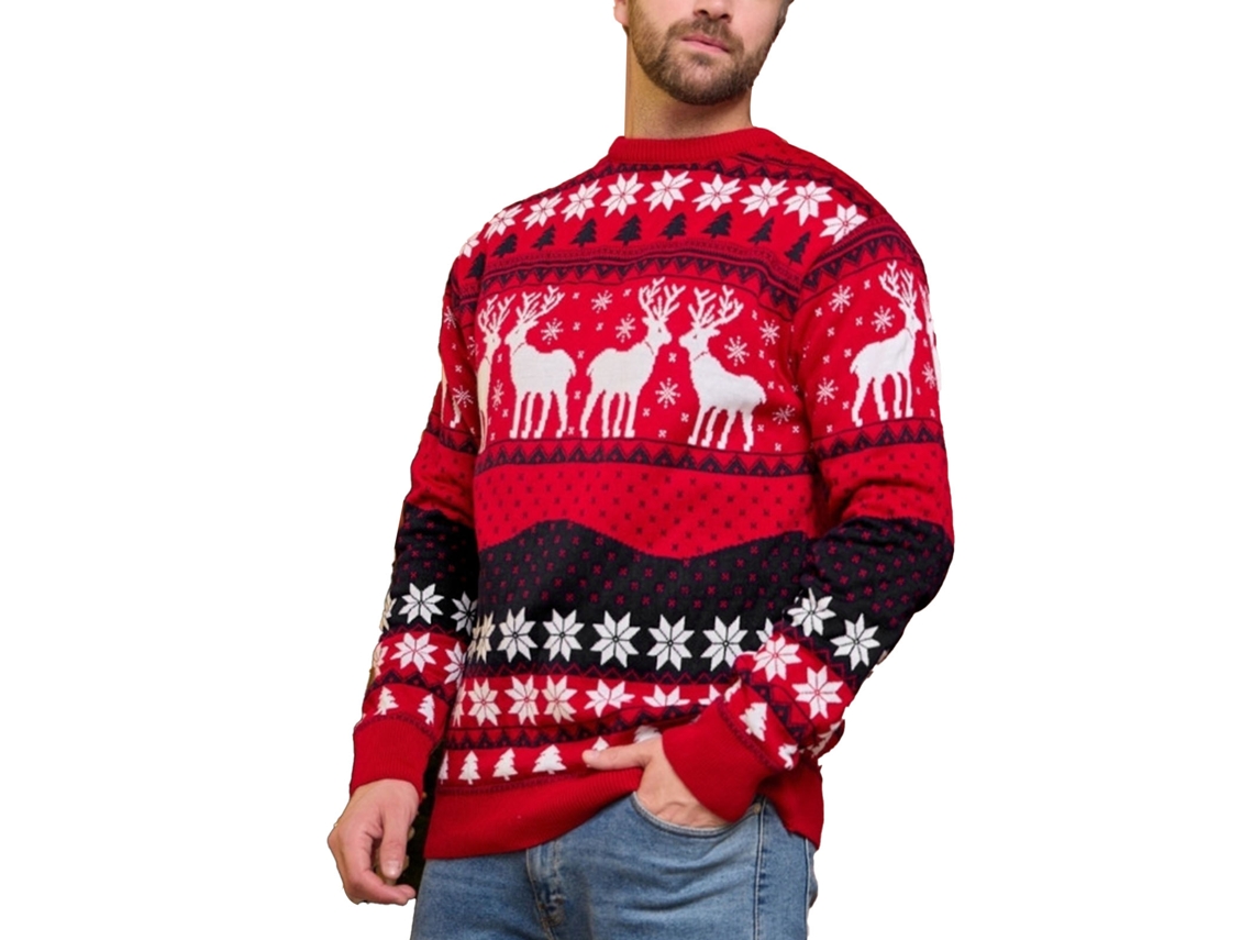 2026jersey De Navidad Con Estampado De Renos Y Copos De Nieve Manga Larga Cuello Redondo Tejido Caliente Rojo Para Hombre Talla L