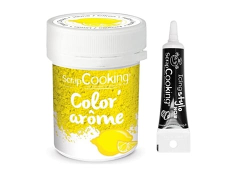 Corante Alimentar Amarelo com Sabor a Limão 10 g+ Caneta Glacê Preta Scrapcooking