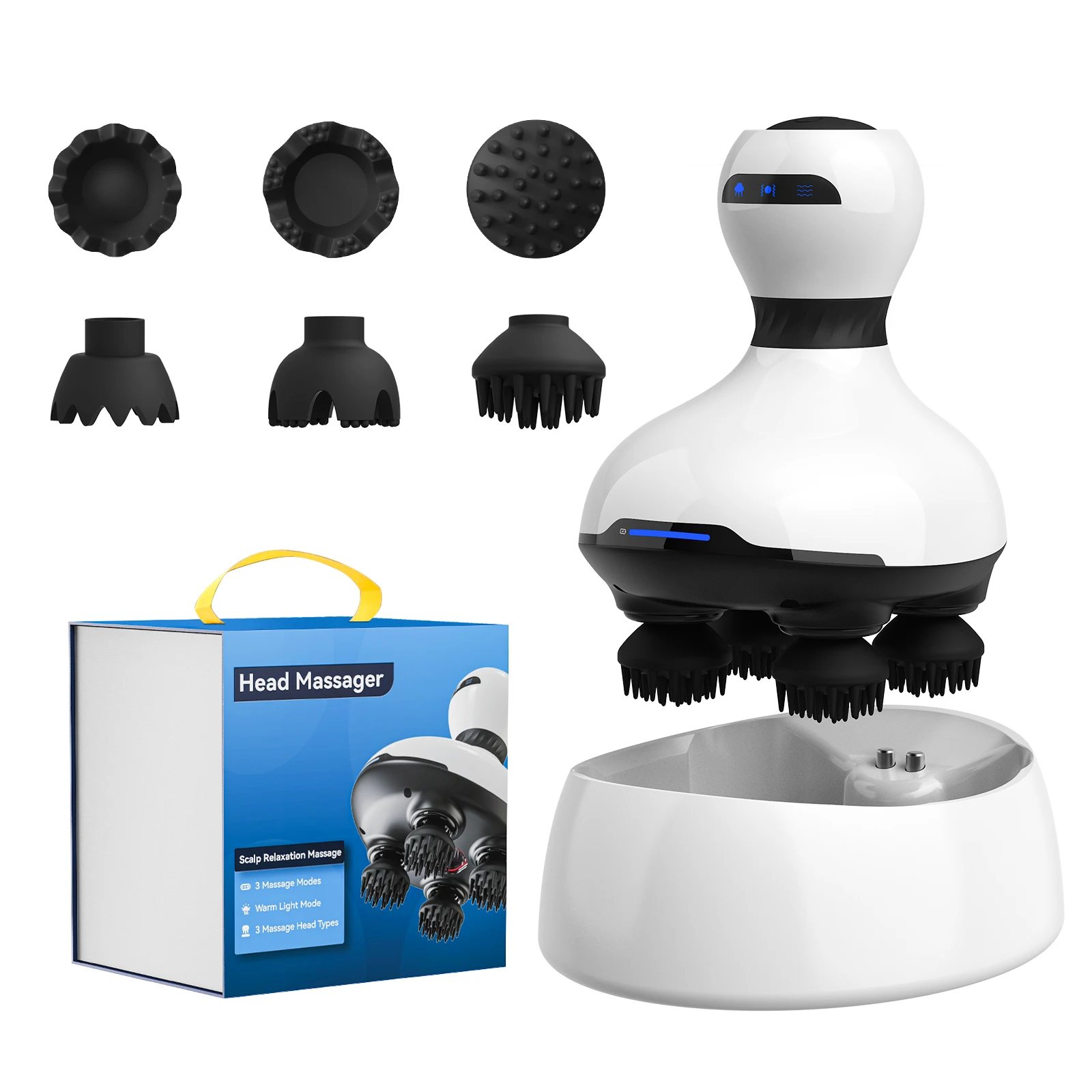 (branco) Massageador De Couro Cabeludo Microelétrico Com Função De Amassamento E Amassamento, Portátil, 3d