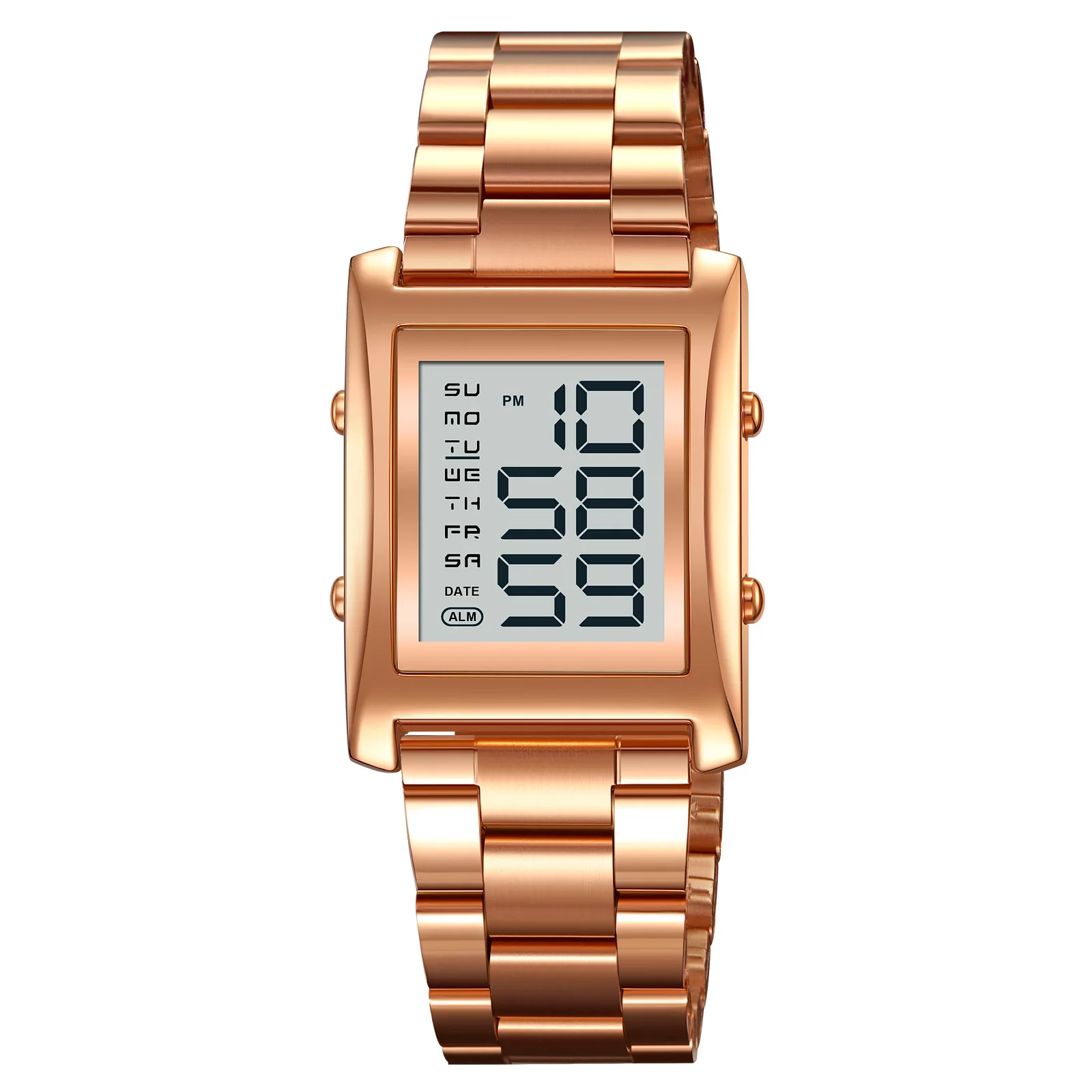 Relógio Masculino (em Ouro Rosa), Design Retangular, Cristal De Vidro, Resistente À Água, Visor Digital