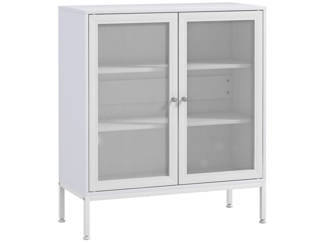 Aparador de 3 Níveis com Portas de Malha e Prateleira Ajustável 80x37x92 Cm Branco S/MARCA