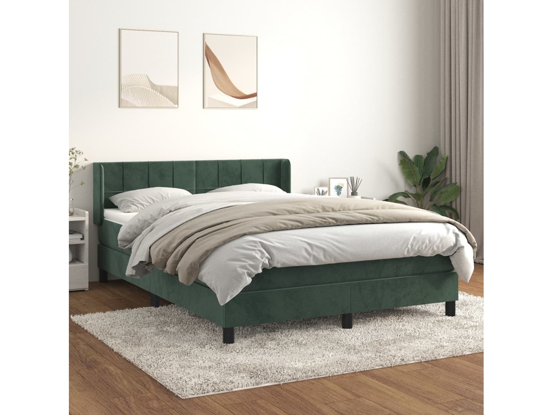 Cama Com Molas/colchão 140x190 Cm Veludo Verde-escuro