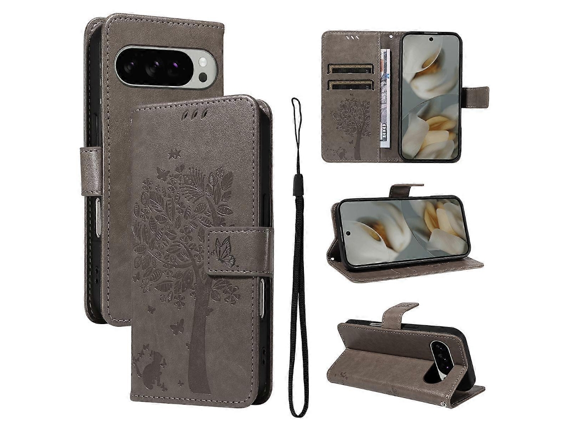 Capa De Celular De Couro Com Padrão De Árvore E Gato Em Relevo