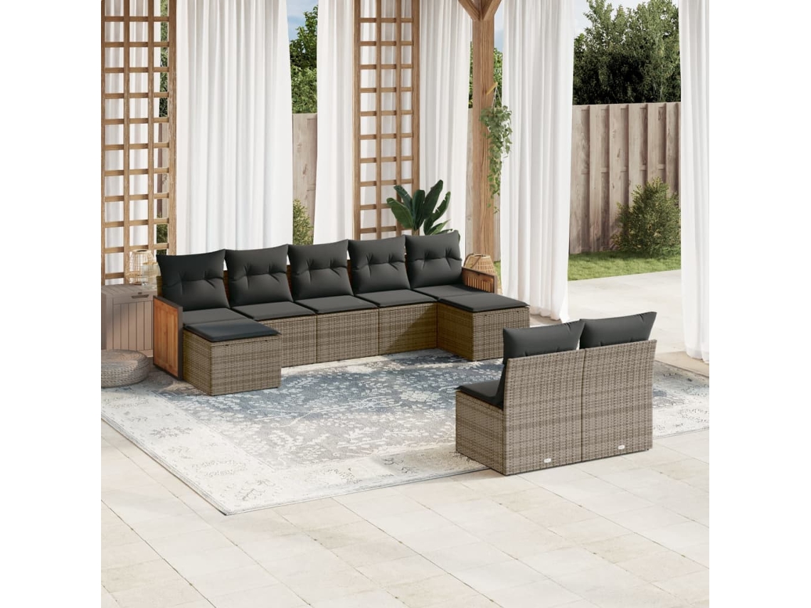 Jogo 9 Peças Sofás P/ Jardin Com Almofadões Vime Pe Cinza Dkd Home Decor