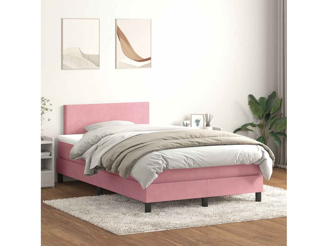 Vidaxl Cama Box Spring C/ Colchão E Led 120x220 Cm Veludo Rosa