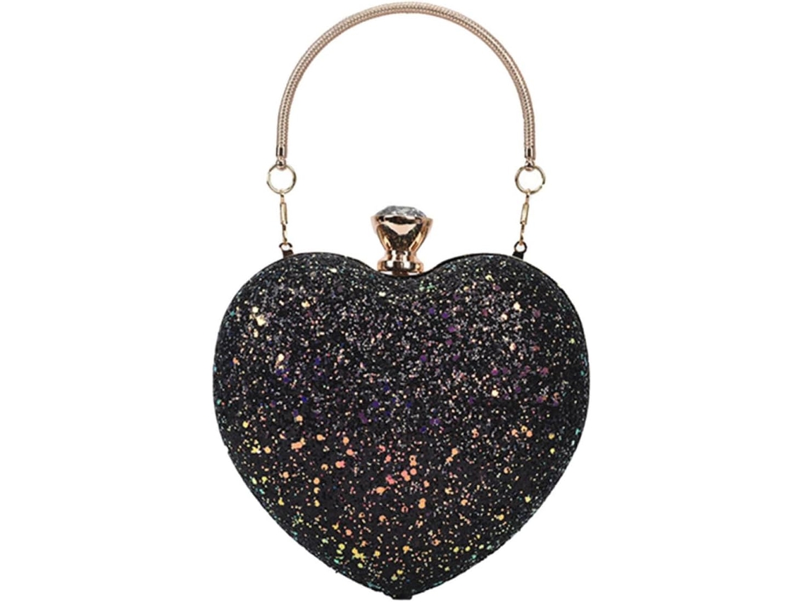 Bolsa Feminina Em Formato De Coração, Clutch De Noite Decorada Com Lantejoulas E Alça De Corrente.