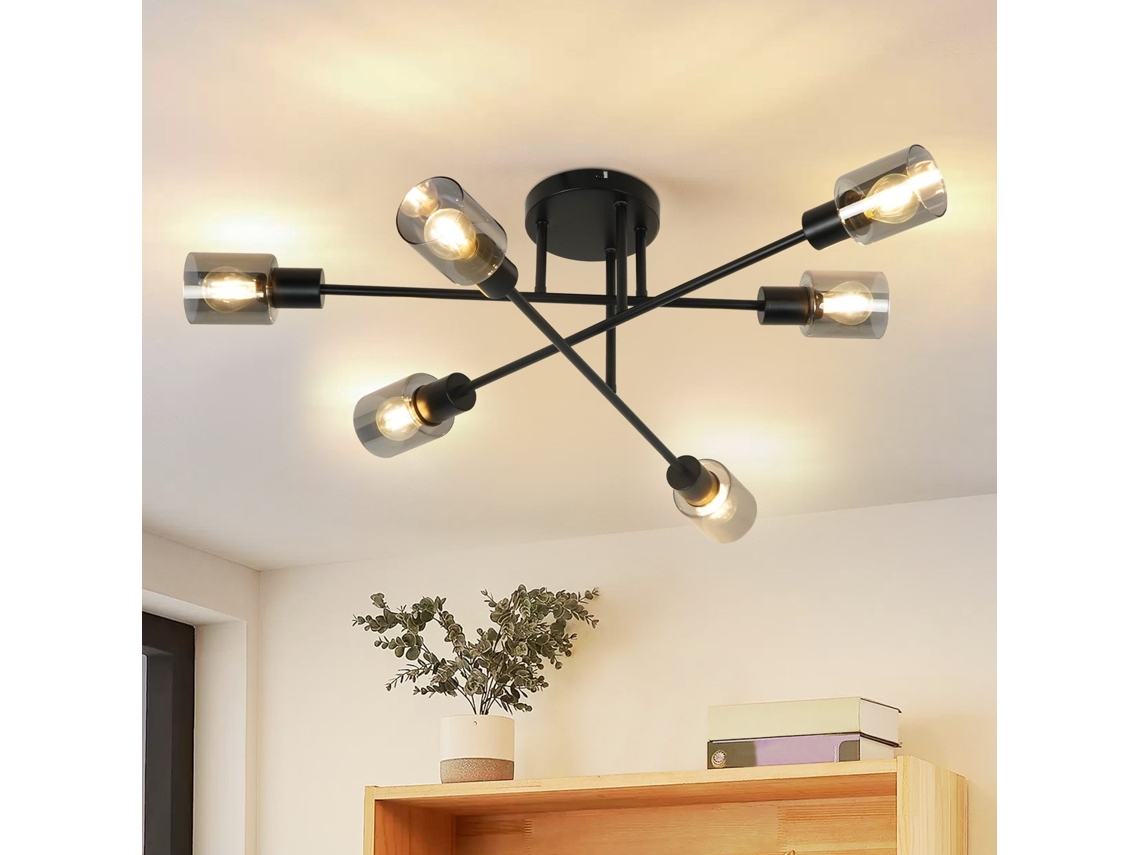 Nettlife Candeeiro De Teto Com 6 Focos Preto Industrial E14, Candeeiro De Teto Para Sala Estar, 24,5 Cm, Em Metal E Vidro, Para Uso Diário