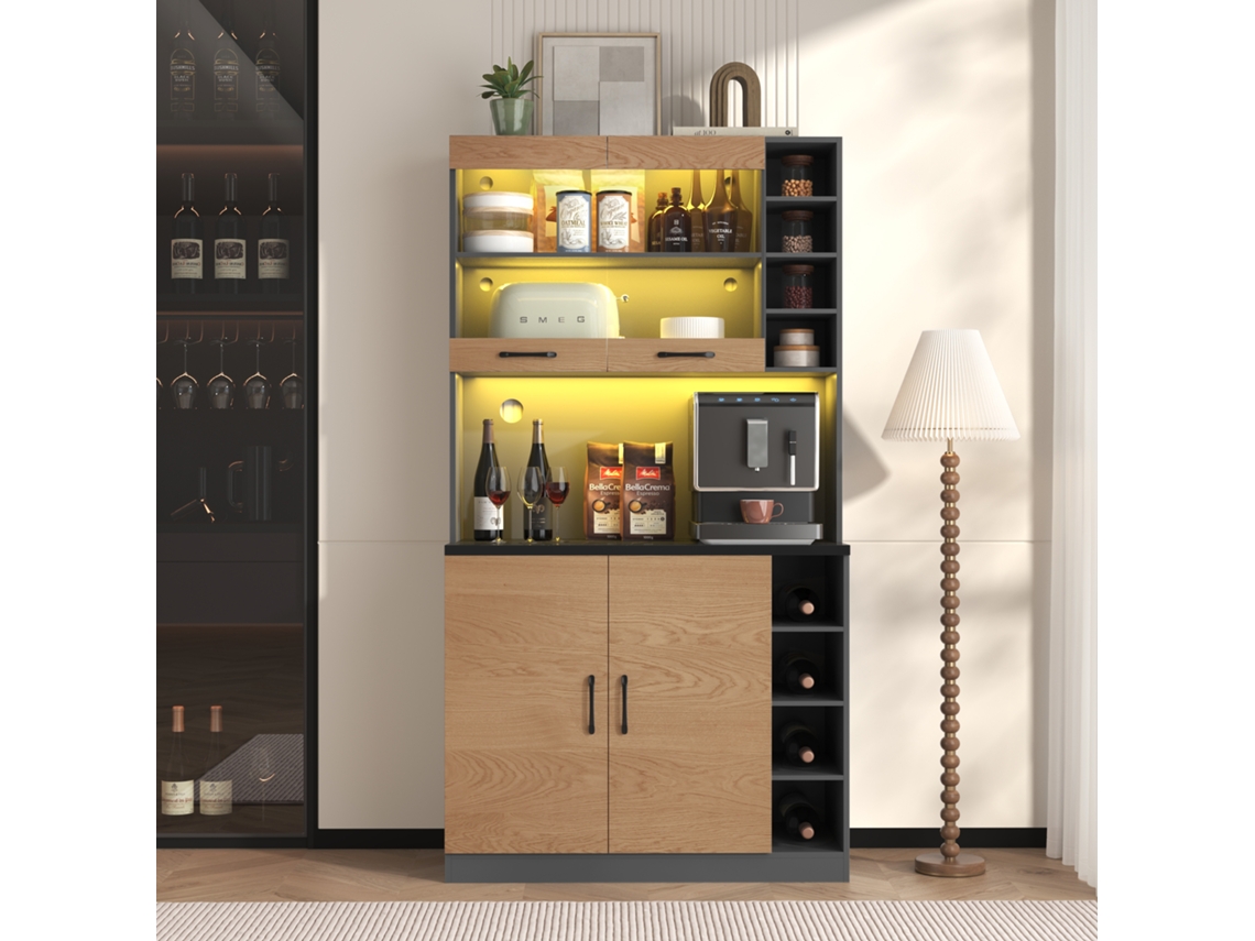Küchenschrank 100x47x187cm, Buffet Led, Kabellöcher, Holz, Platz Für Mikrowelle, Verstellbare Ablagen-hm