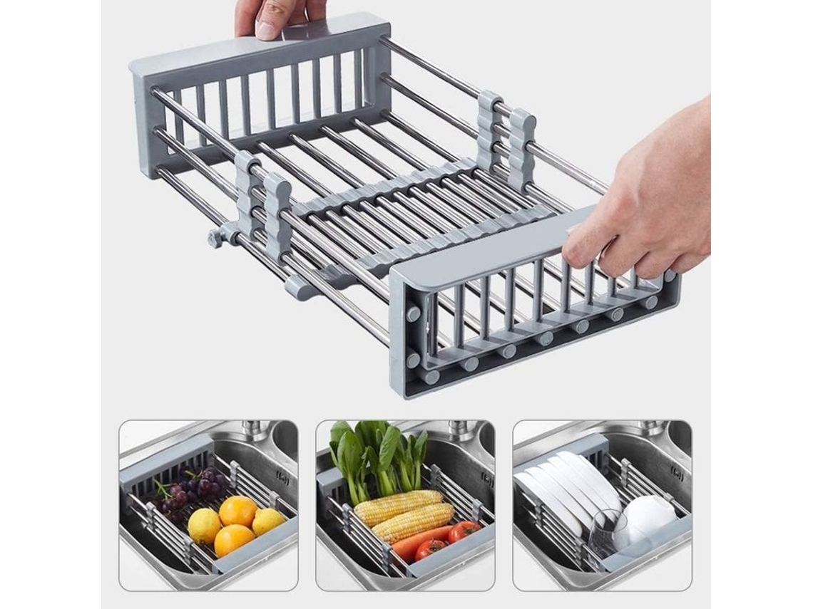 Canasta Expansível Para Secar Pratos, Rack De Drenagem Ajustável Sobre A Pia De Aço Inoxidável E Abs