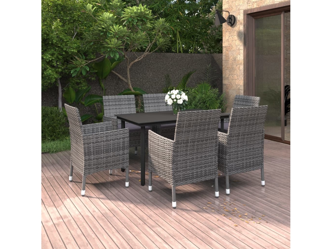 Conjunto 7 Peças Jantar P/ Jardim C/ Almofadões Vime Pe/vidro Dkd Home Decor