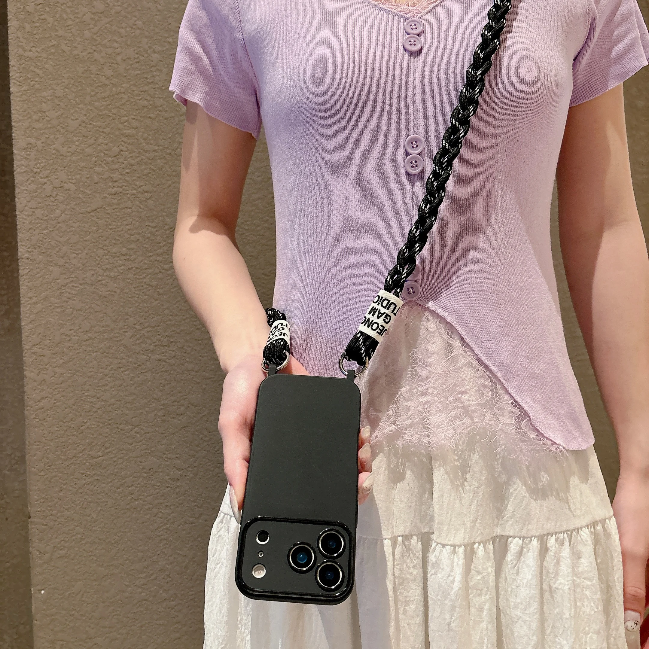 Capa Para Celular Com Alça Transversal Trançada (iphone 17 Pro, Preta), Capa Protetora De Silicone Macio.