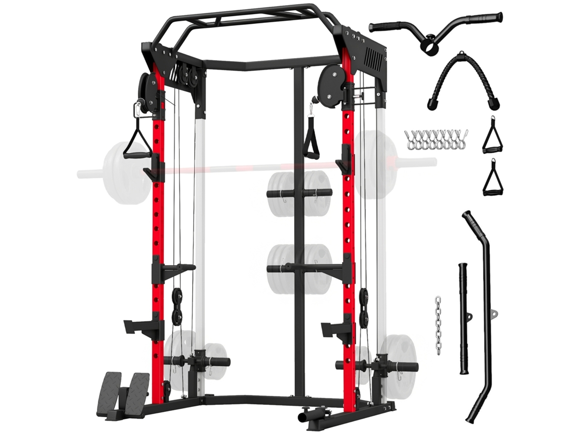 Power Cage Squat Rack With Adjustable Pulley System, Pull-up Bar And Dip Station