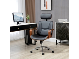 Cadeira De Escritório Operativa De Couro Pu Com Apoio Para A Cabeça Amovível Altura Ajustável 63x62x110-120cm Preto E Madeira