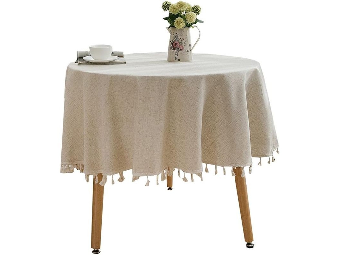 2026 manta Redonda de Mesa com Borlas Decorativas de 60 Polegadas, Bege, Material Poliéster e Linho