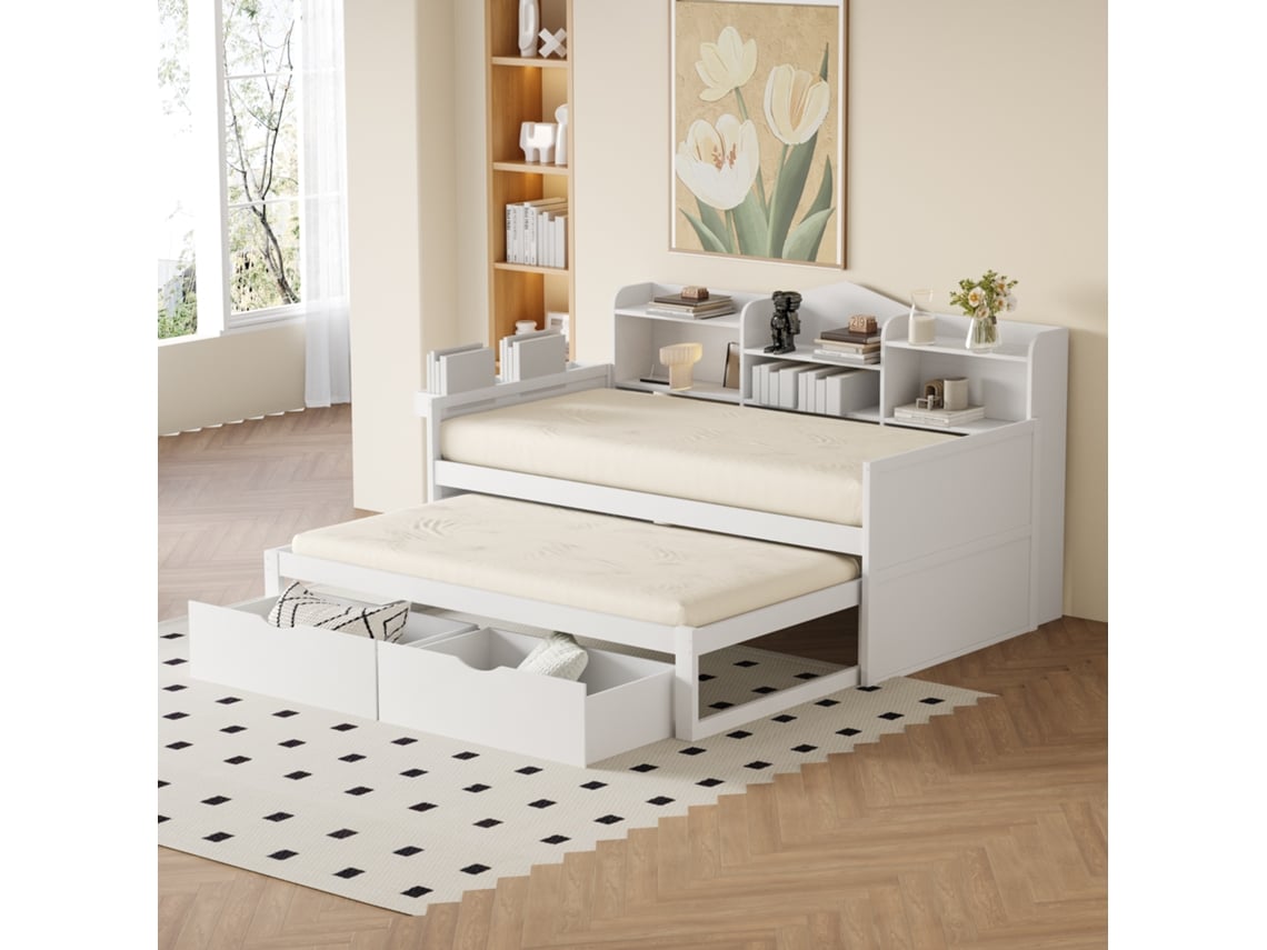 Sofá-cama 90x200 Cm Branco Com Gavetas, Usb E Arrumação
