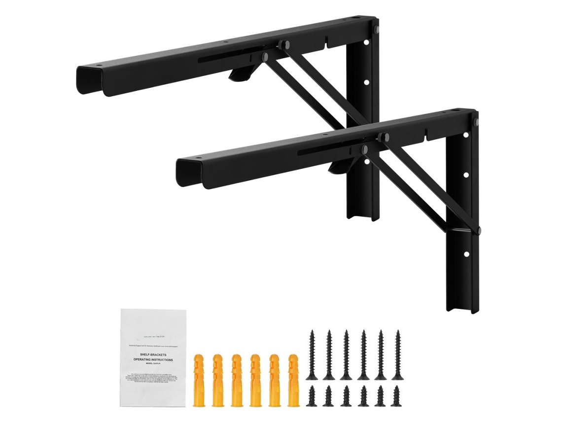 Conjunto De Suportes De Prateleira Rebatíveis E Dobráveis Em Aço Preto 613x254mm 136kg Tekmaquinas