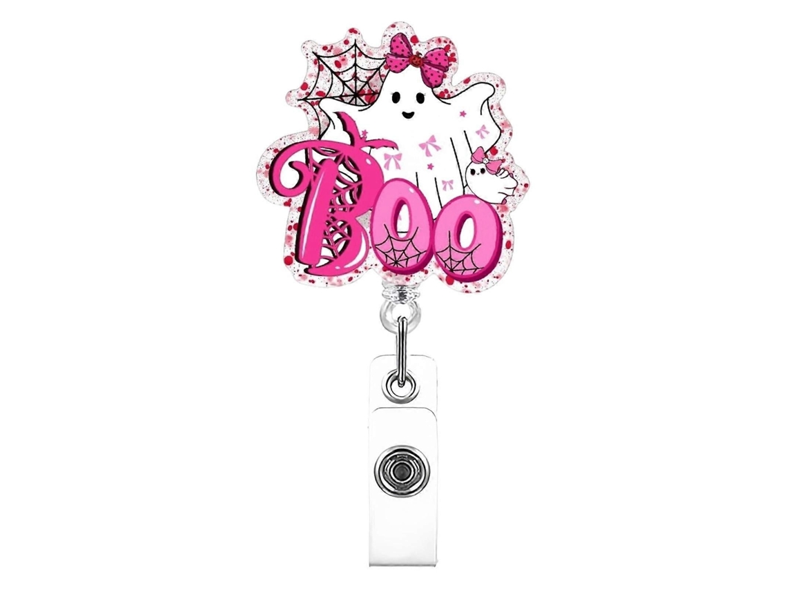 Porta-lápis de cor retrátil em acrílico com formato de fantasma adorável para o Halloween, com cordão retrátil e clipe giratório de 360° – Compatível com C
