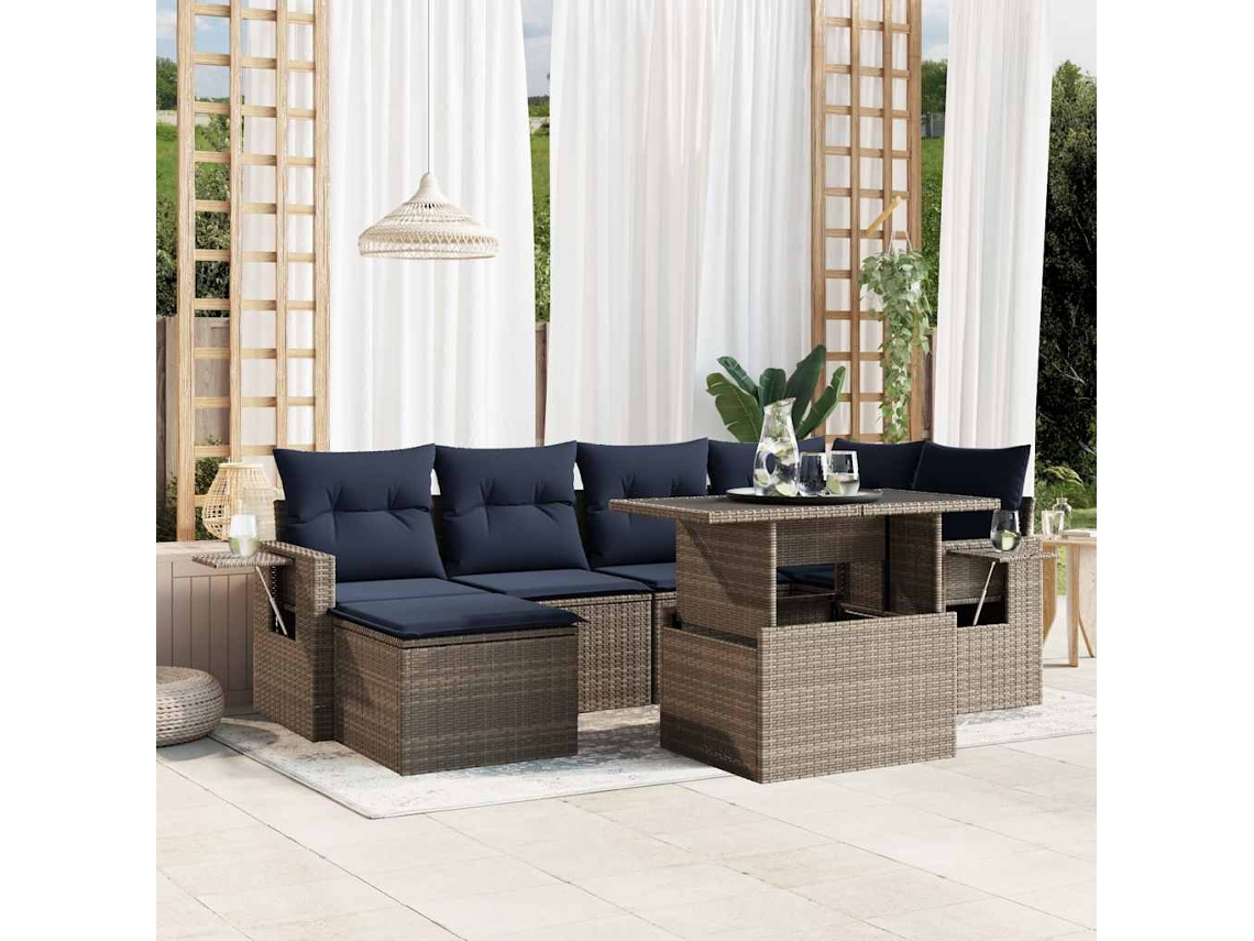 Vidaxl Conjunto De Sofá De Jardim Com 7 Peças E Almofadas Em Rattan Sintético Cinza