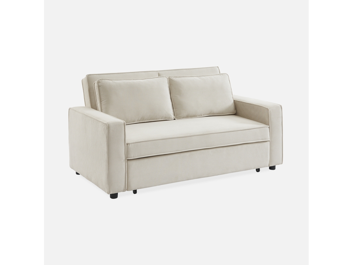 Sofá-cama Em Veludo Canelado, 2 Lugares, Creme