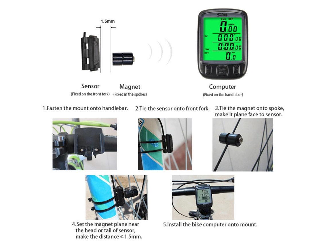 Computador de Bicicleta com Luz de Fundo Verde Impermeável Odomêtro Velocímetro LCD S/MARCA