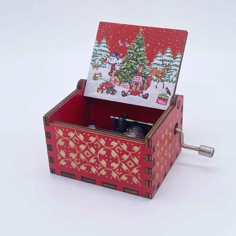 Caixa de Música Natalina Vintage com Manivela, Requintada Peça Artesanal em Resina e Madeira Pintada À Mão MDUG (estilo 34)