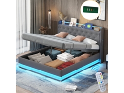 Cama Estofada 160x200 Led Usb Suspensão Hidráulica Tecido Linho Cinza