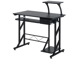 Mesa de computador compacta em aço e madeira, preta, com gaveta e prateleira retrátil para teclado, 90x50x100 cm BTFORUS