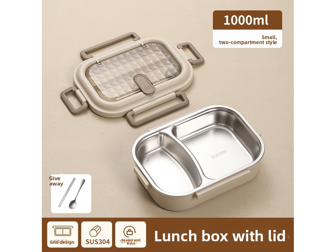 Marmita Térmica Aço Inox 304 1000ml 2 Compartimentos Com Talheres Inox, Própria Micro-ondas, Duplo Isolamento Térmico